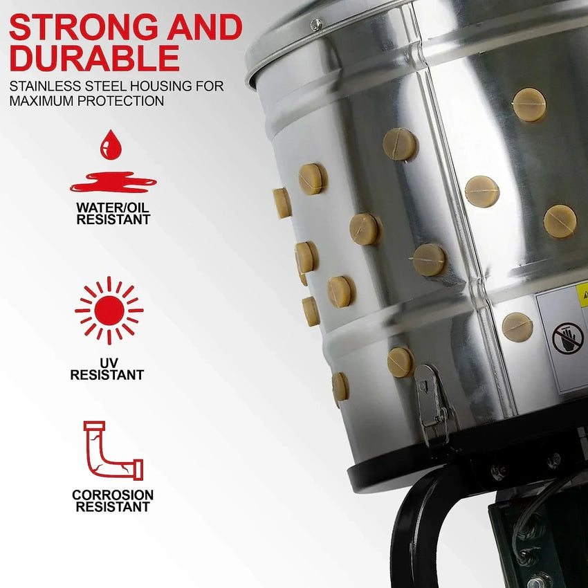 Kitchener Chicken Plucker De-Feather Remover Poultry and Fowl Food Processor Electric Stainless Steel Heavy Duty 1HP 120VAC 280RPM GFCI Connector 92 Soft Fingers 20" Drum Diameter