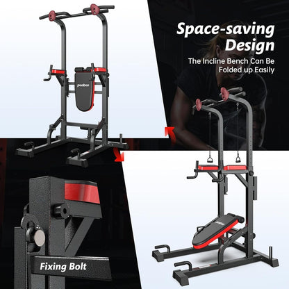 Pooboo Power Tower Dip Station, Pull-Up Bar, Supine Board, Adjustable