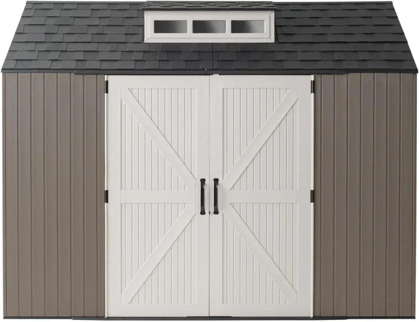 Rubbermaid Resin Outdoor Storage Shed With Floor (7 x 7 Ft) Weather Resistant Gray Organization for Home/Backyard/Garden Tools/Lawn Mower/Bike Storage/Pool Supplies