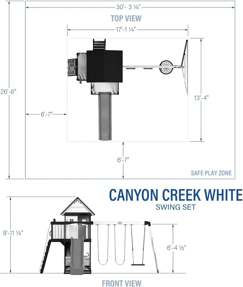 Backyard Discovery Canyon Creek Cedar Wood Swing Set with Wave Slide, Clubhouse, Play Kitchen, Picnic Area, Belt Swings, Web Swing, Rock Wall, Balconies, Playhouse, Step Ladder, Outdoor Playset